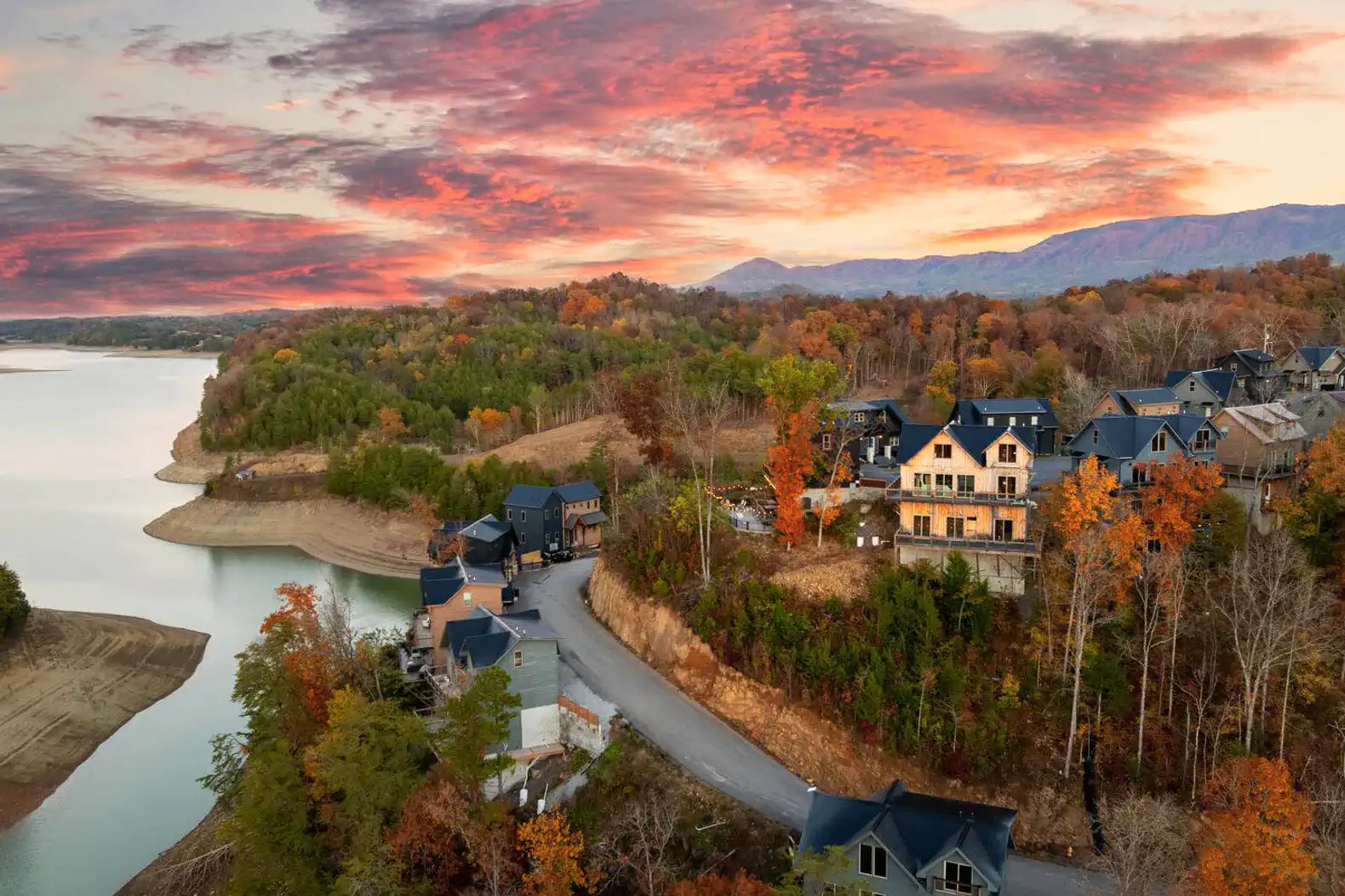 Scenic view of Lake Douglas with colorful sunset and autumn foliage