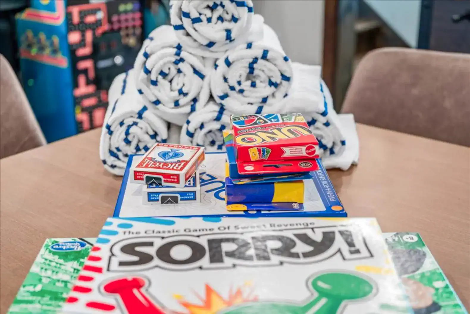 Board games and towels for the hot tub