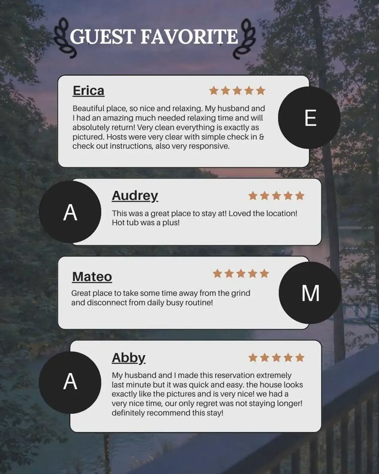 Guest reviews highlighting relaxing stay and hot tub experience