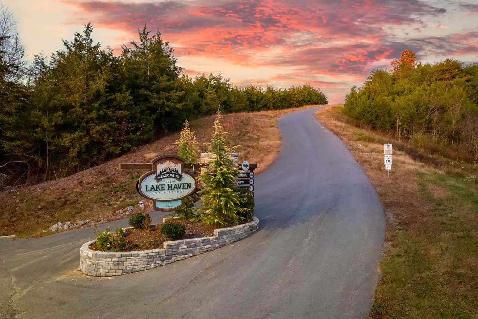 Entrance to Lake Haven with scenic sunset sky