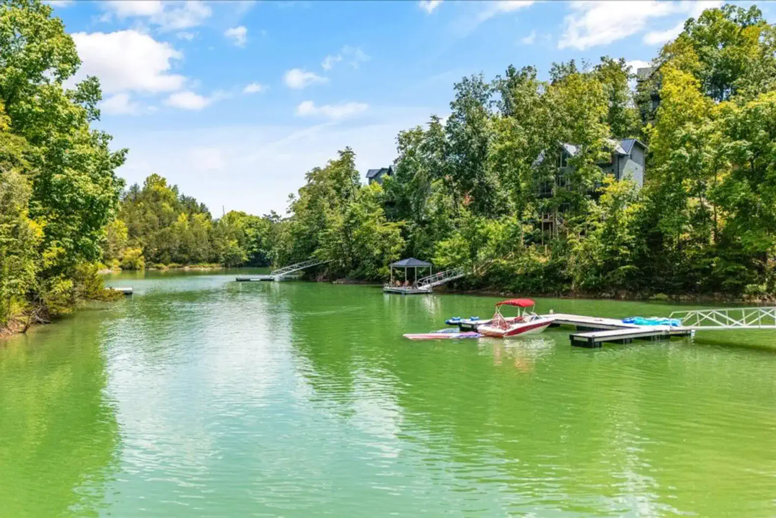 Scenic view of Lake Douglas with boats and lush greenery