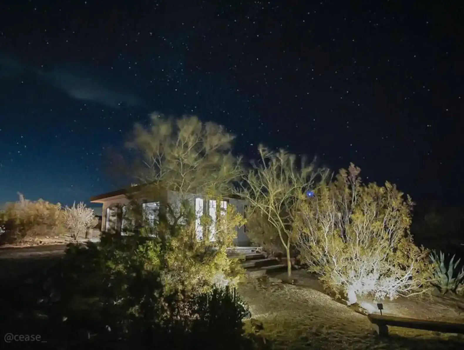 Desert landscape illuminated by stars with a cozy home and surrounding vegetation