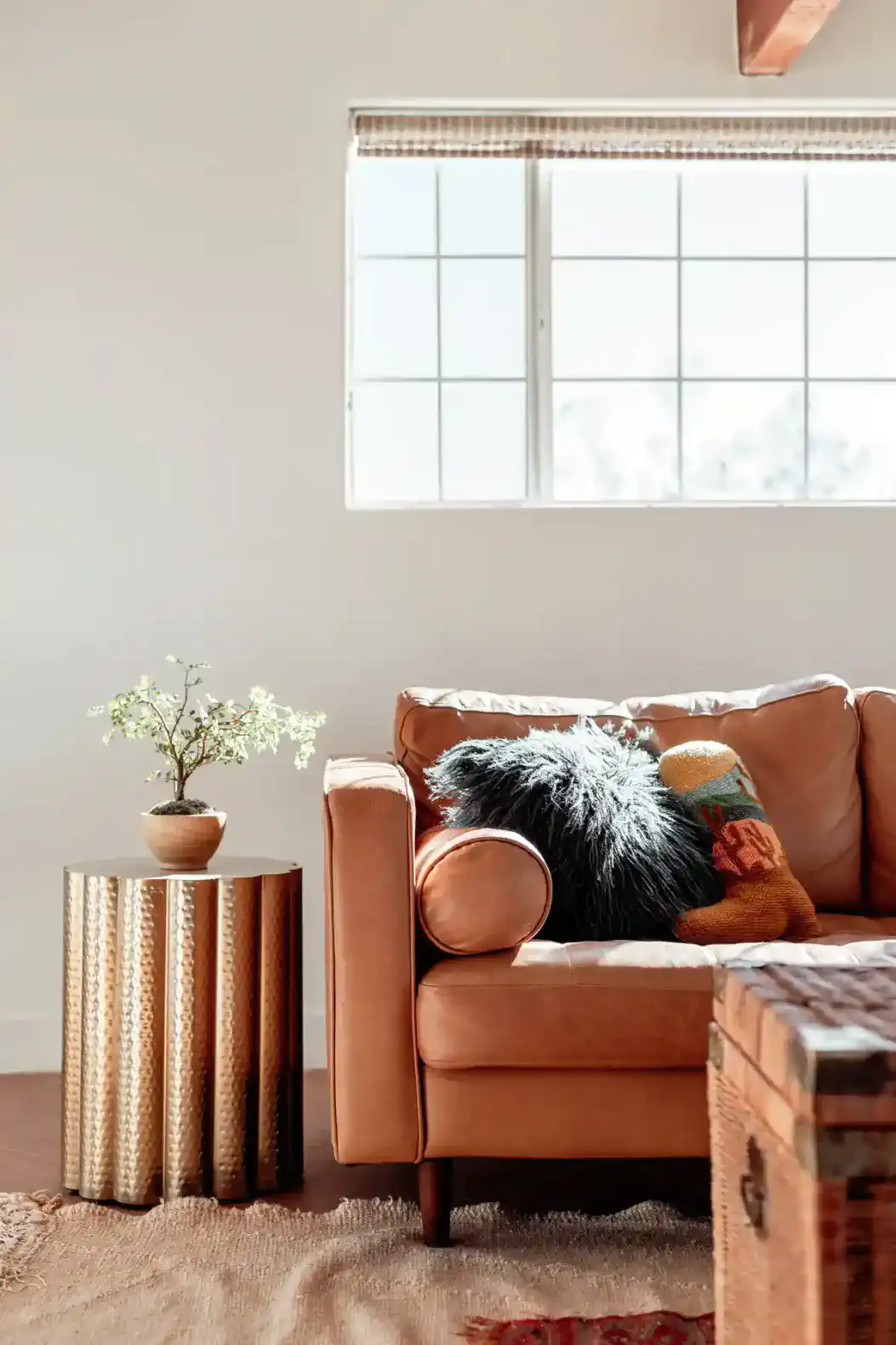 Cozy living room corner with a leather sofa, decorative pillows, and a small plant on a side table