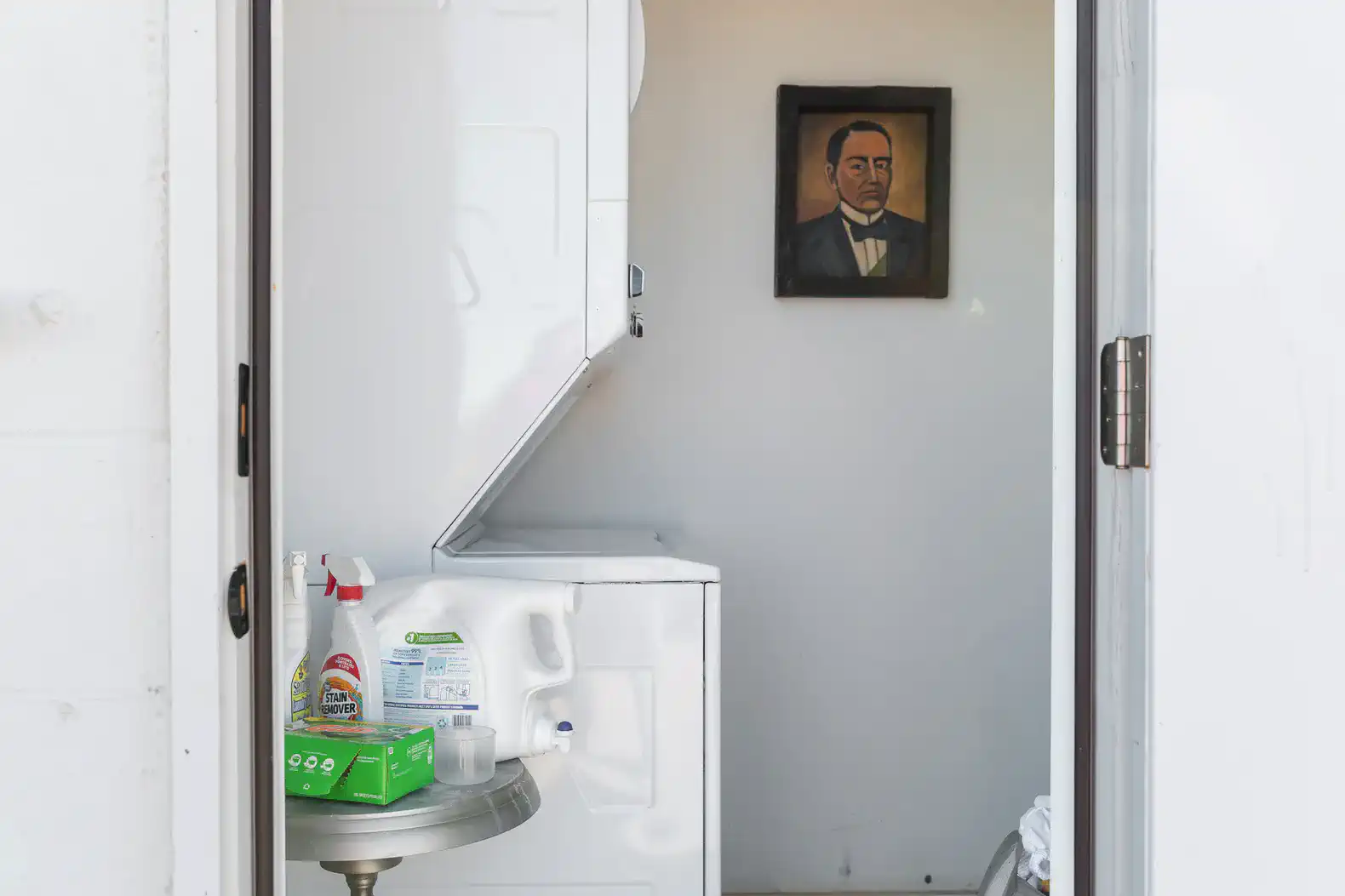 Laundry area with washing machine, cleaning supplies, and a framed portrait on the wall