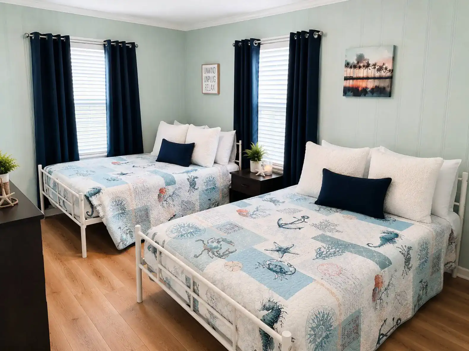 Anchors Up Bedroom with two full beds, has attached bathroom with Shower