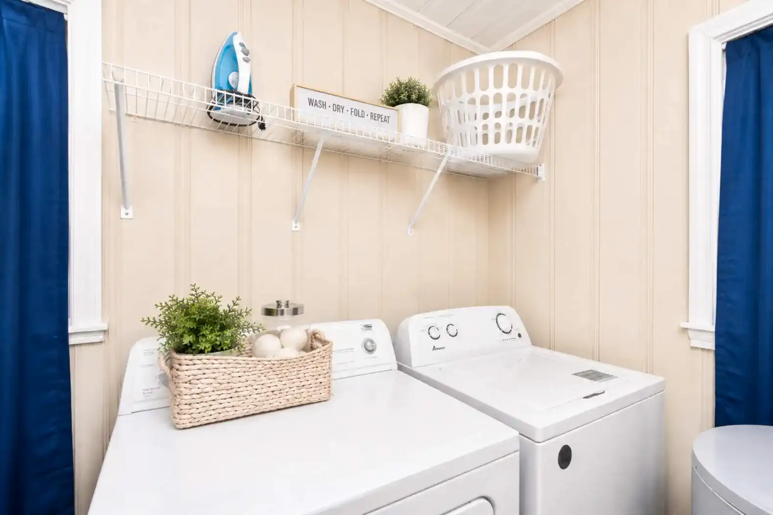Laundry area with washing machines, storage basket, and decorative plants