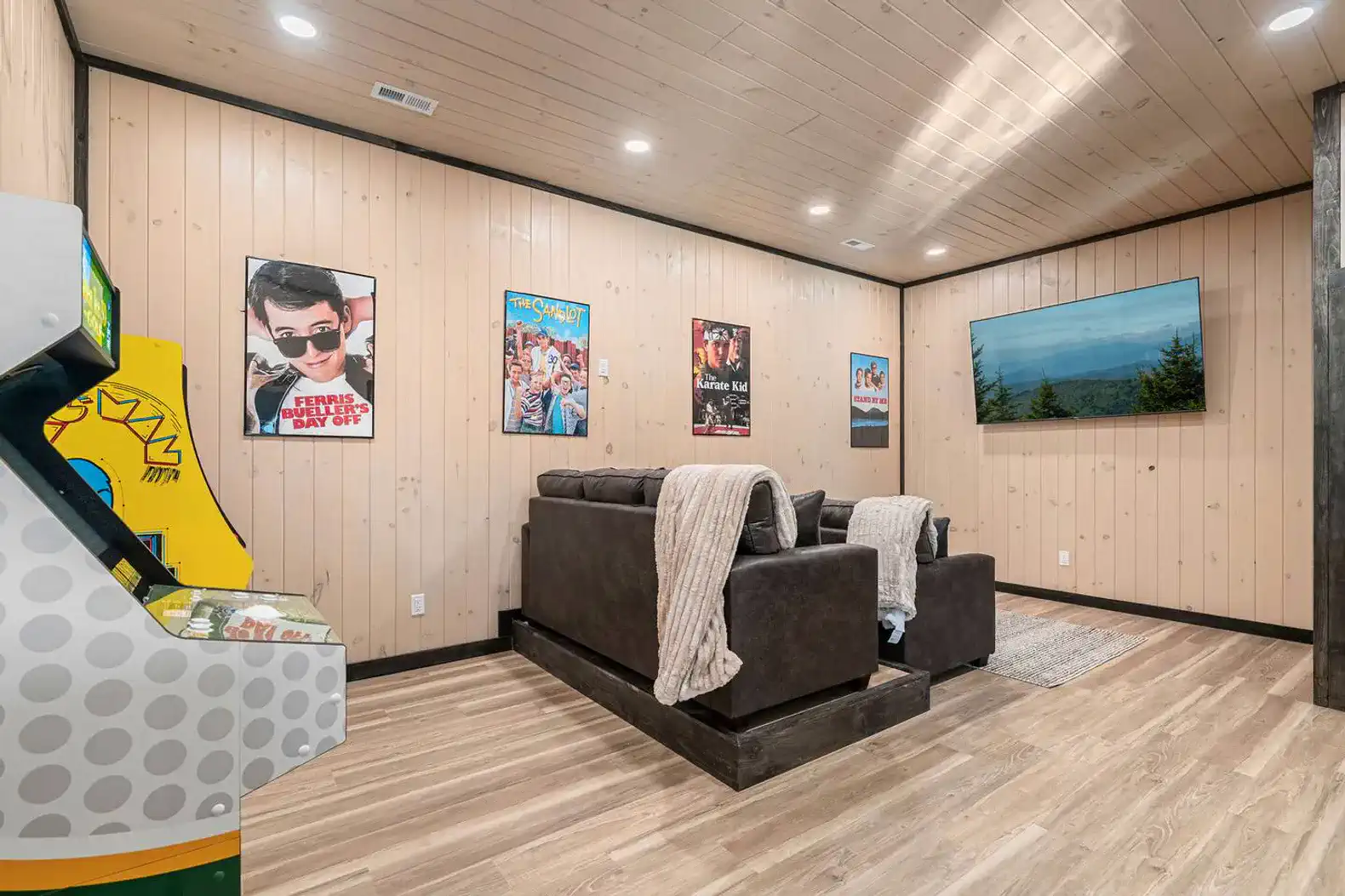 Couches are tiered so that everyone can see the smart TV perfectly!