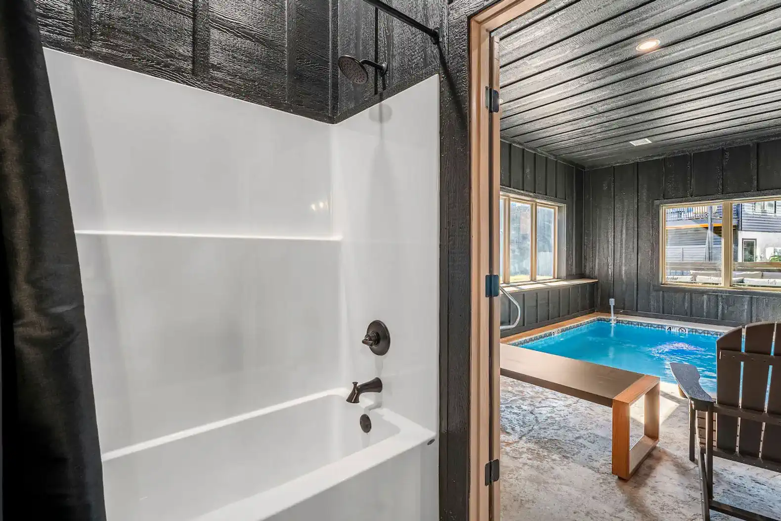 Full bath with tub/shower combo in the pool room so you can rinse off right out of the pool.