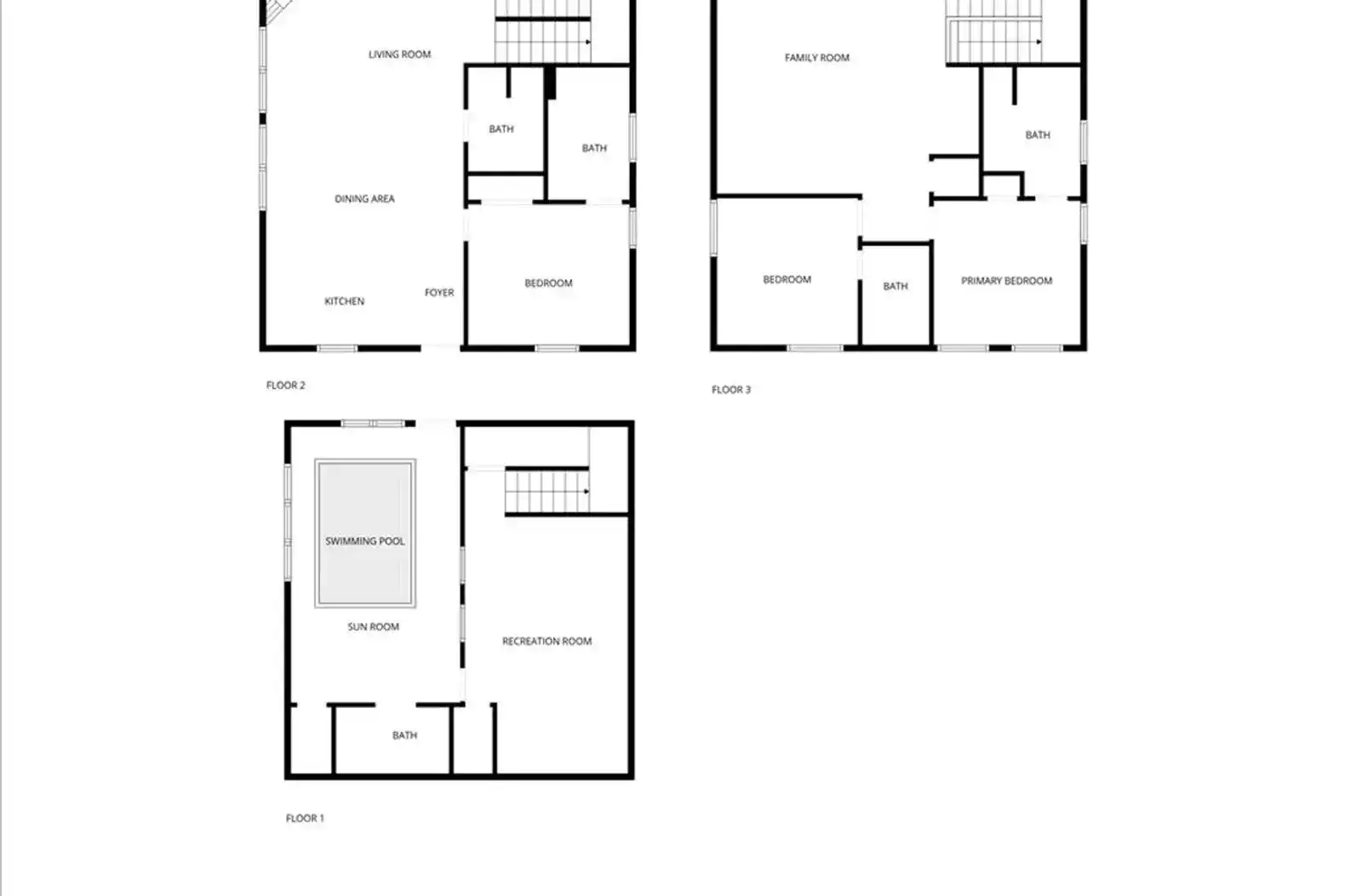 Floor plan showing layout of rooms including bedrooms, bathrooms, and a swimming pool