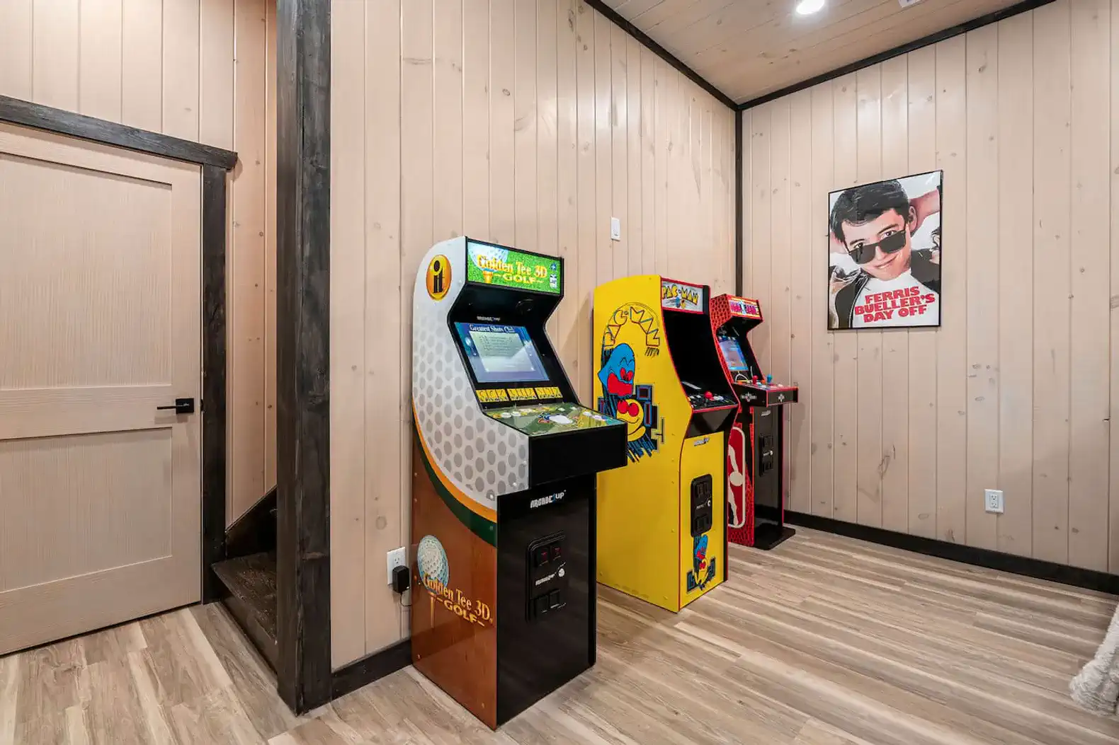Arcade Games in Lowest Level - Pac-Man, NBA Jam, and Golf Tee 3D. 
