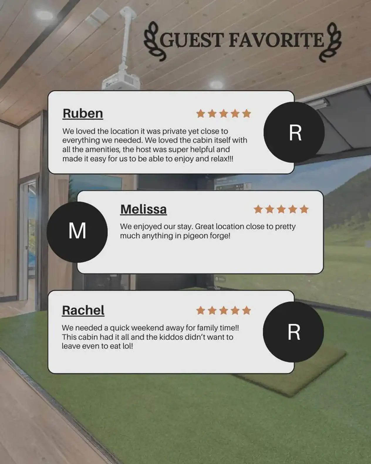 Guest reviews highlighting the cabin's location and amenities