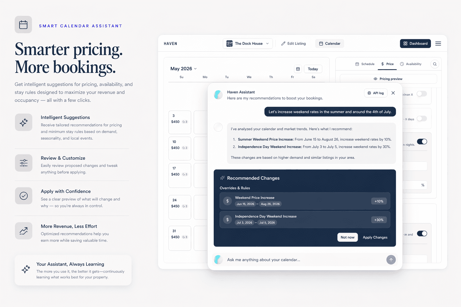Calendar dashboard with Haven Assistant pricing and stay rule suggestions