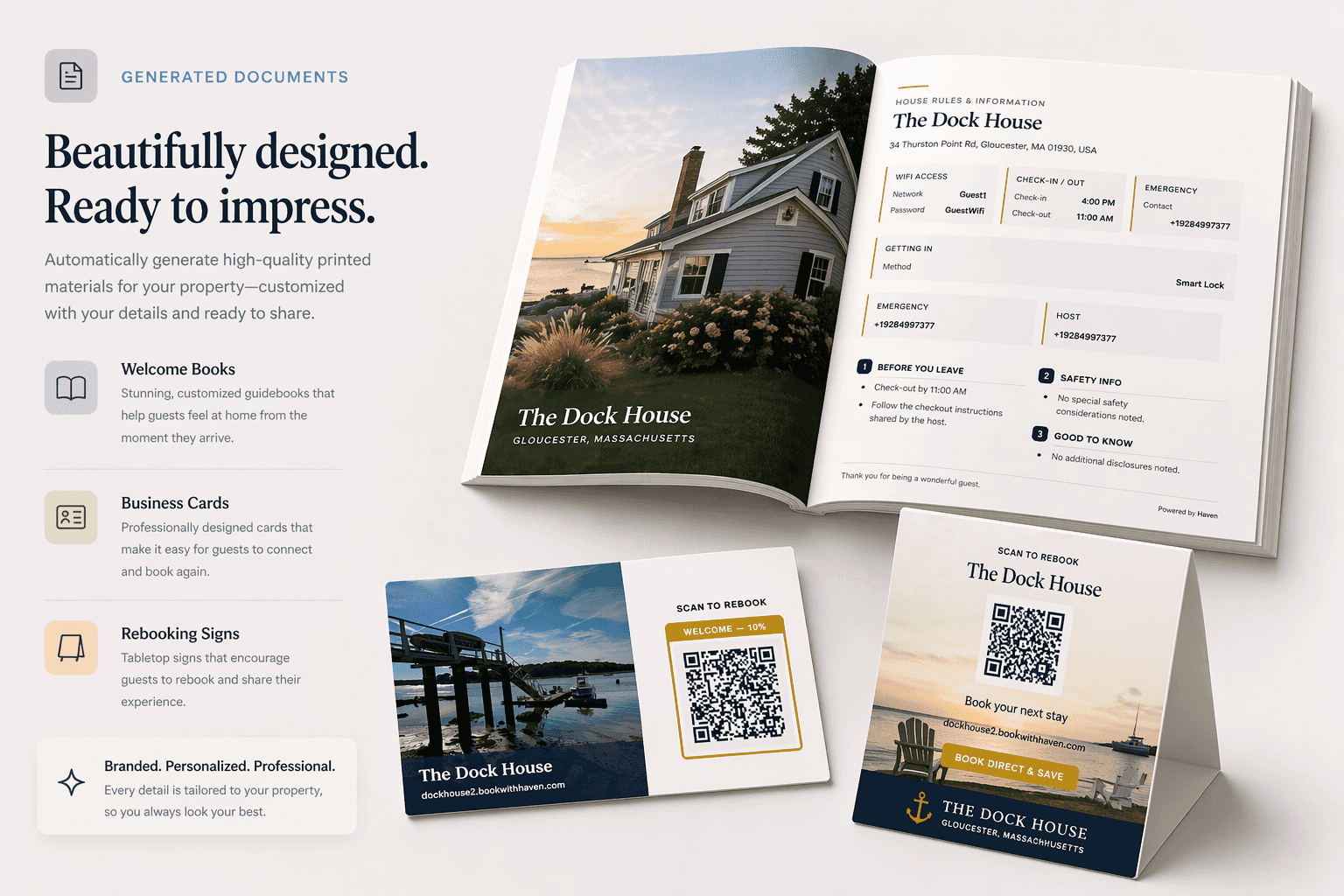 Welcome book, business cards, and rebooking print materials