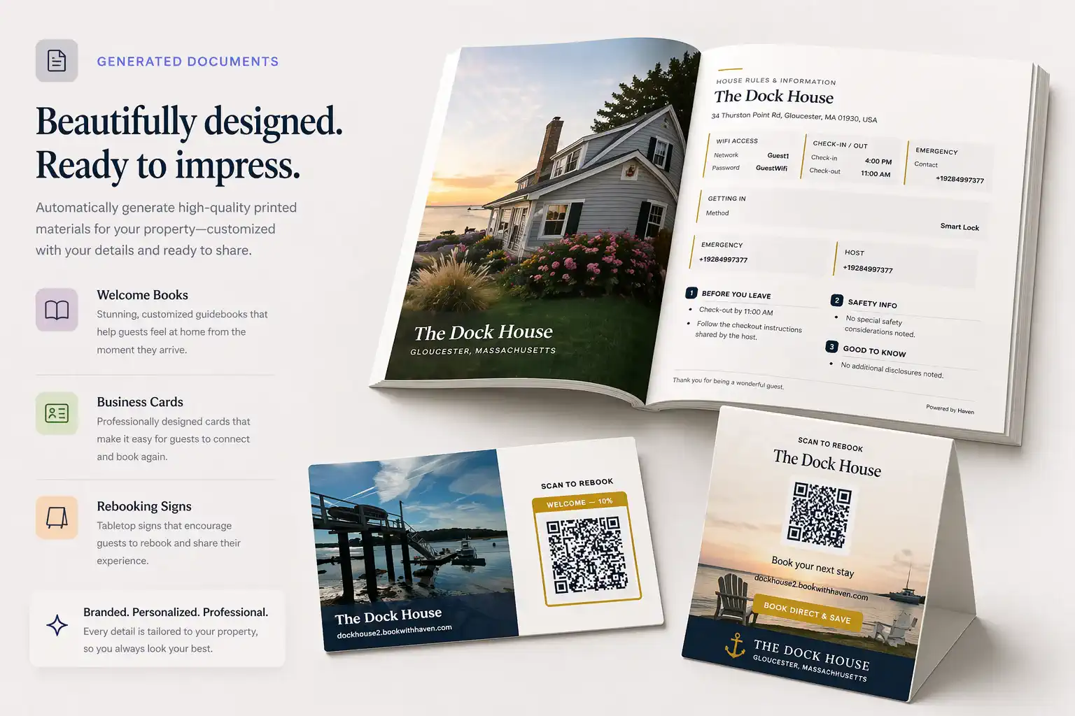 Welcome book, business cards, and rebooking print materials