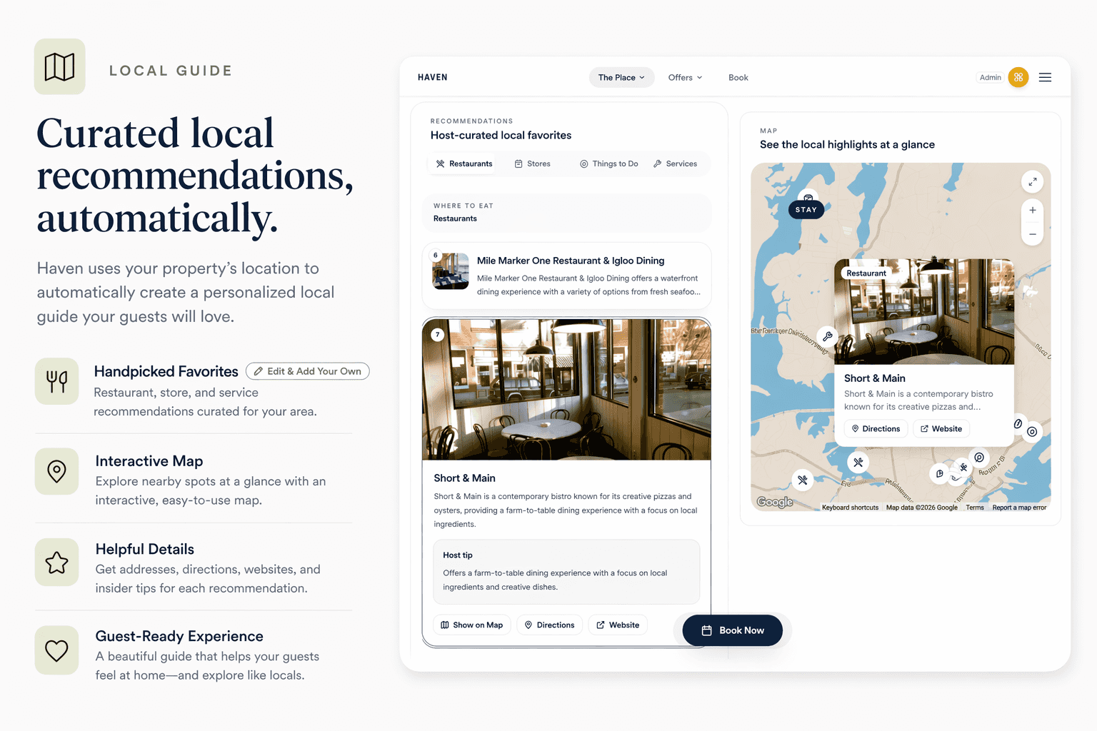Local guide with restaurant picks, map, and guest-facing layout