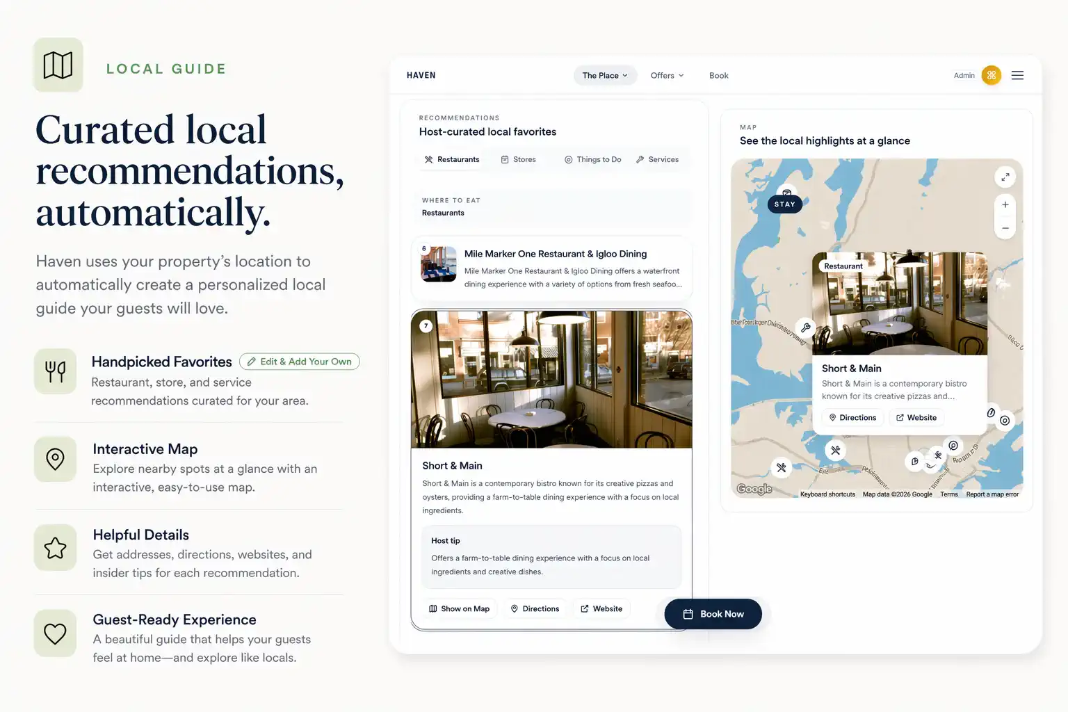 Local guide with restaurant picks, map, and guest-facing layout
