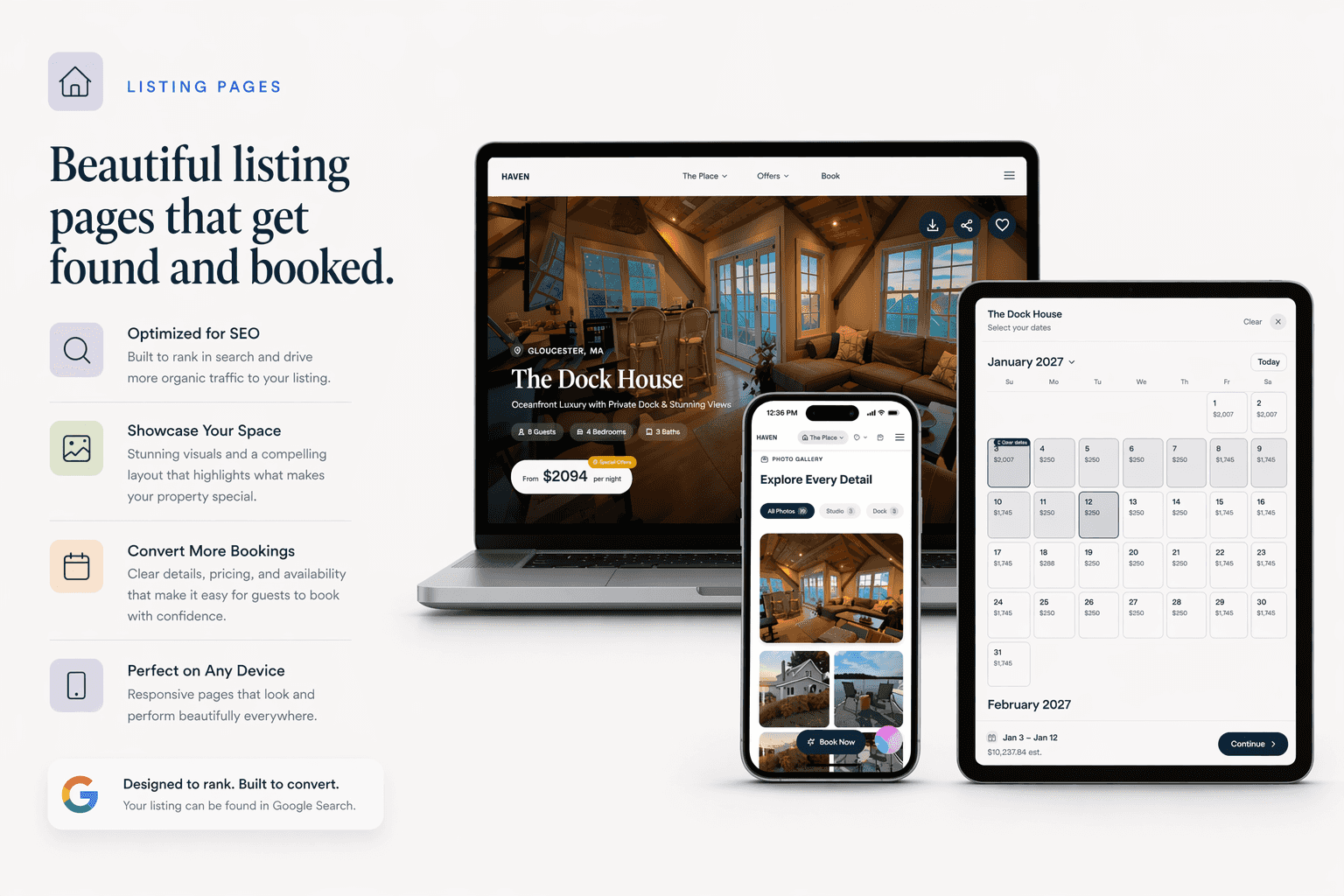 Individual property page with photos, details, and booking module