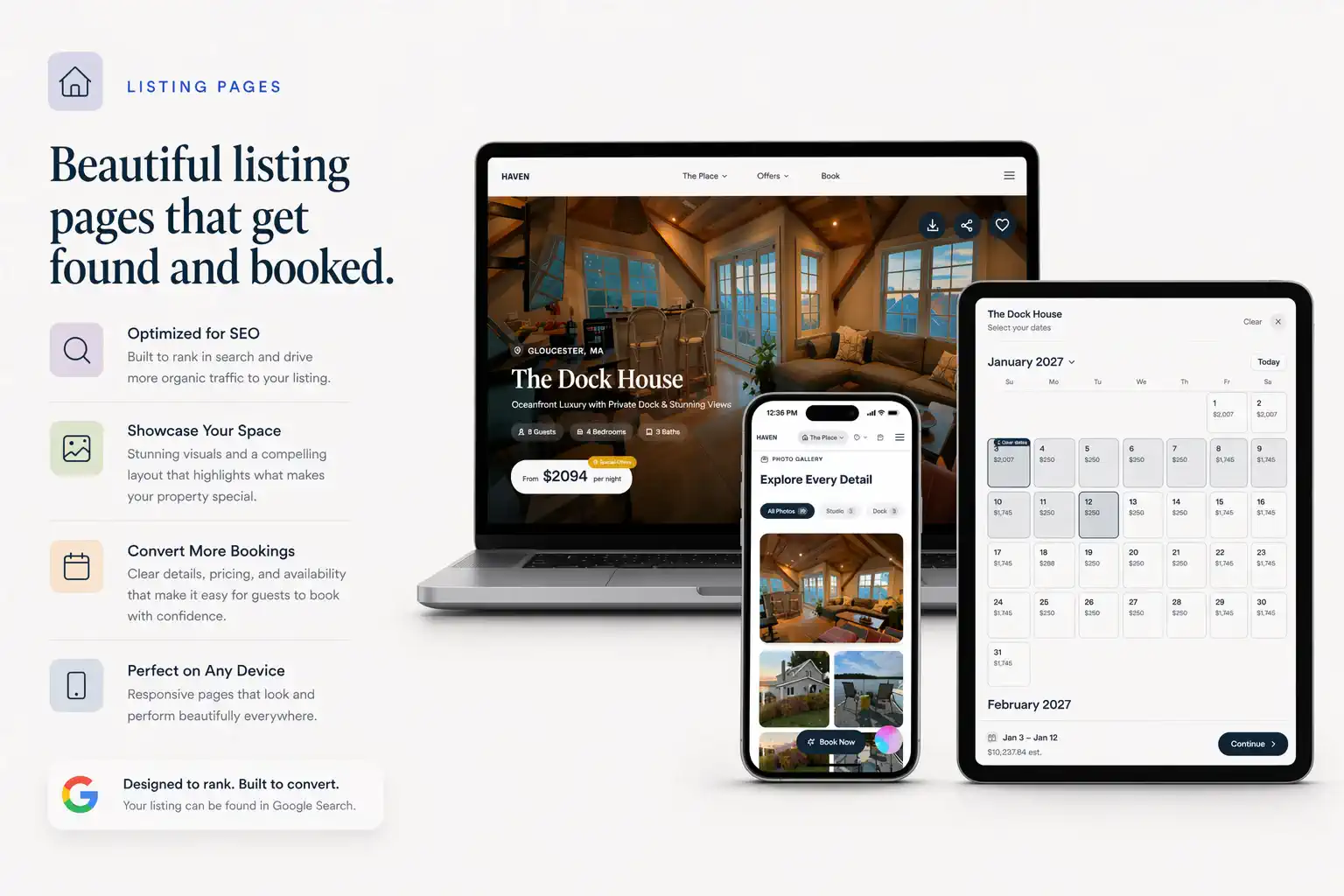 Haven property page with photos, details, and booking calendar