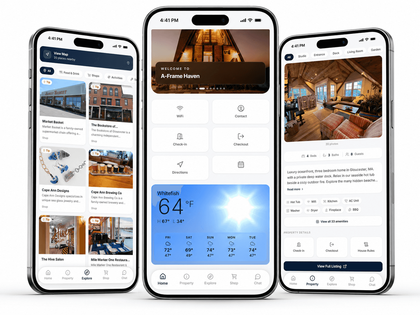 Mobile guest guide on three phones showing house info and local recs