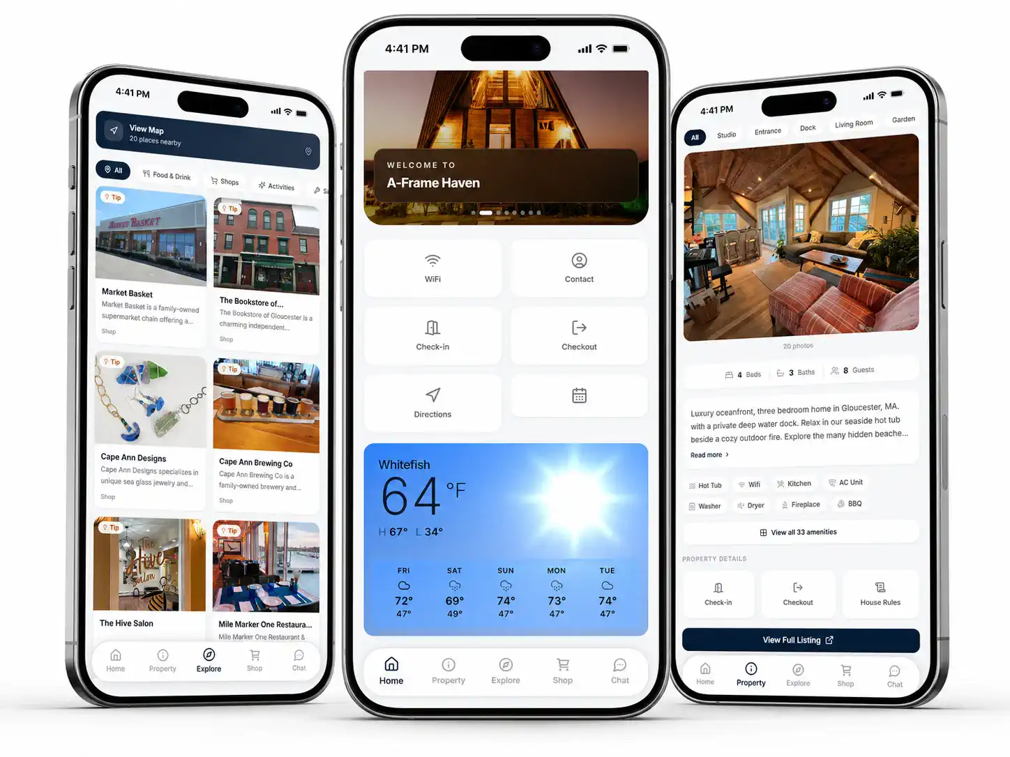 Haven mobile stay guide shown across three iPhones with check-in, home, and local recommendations