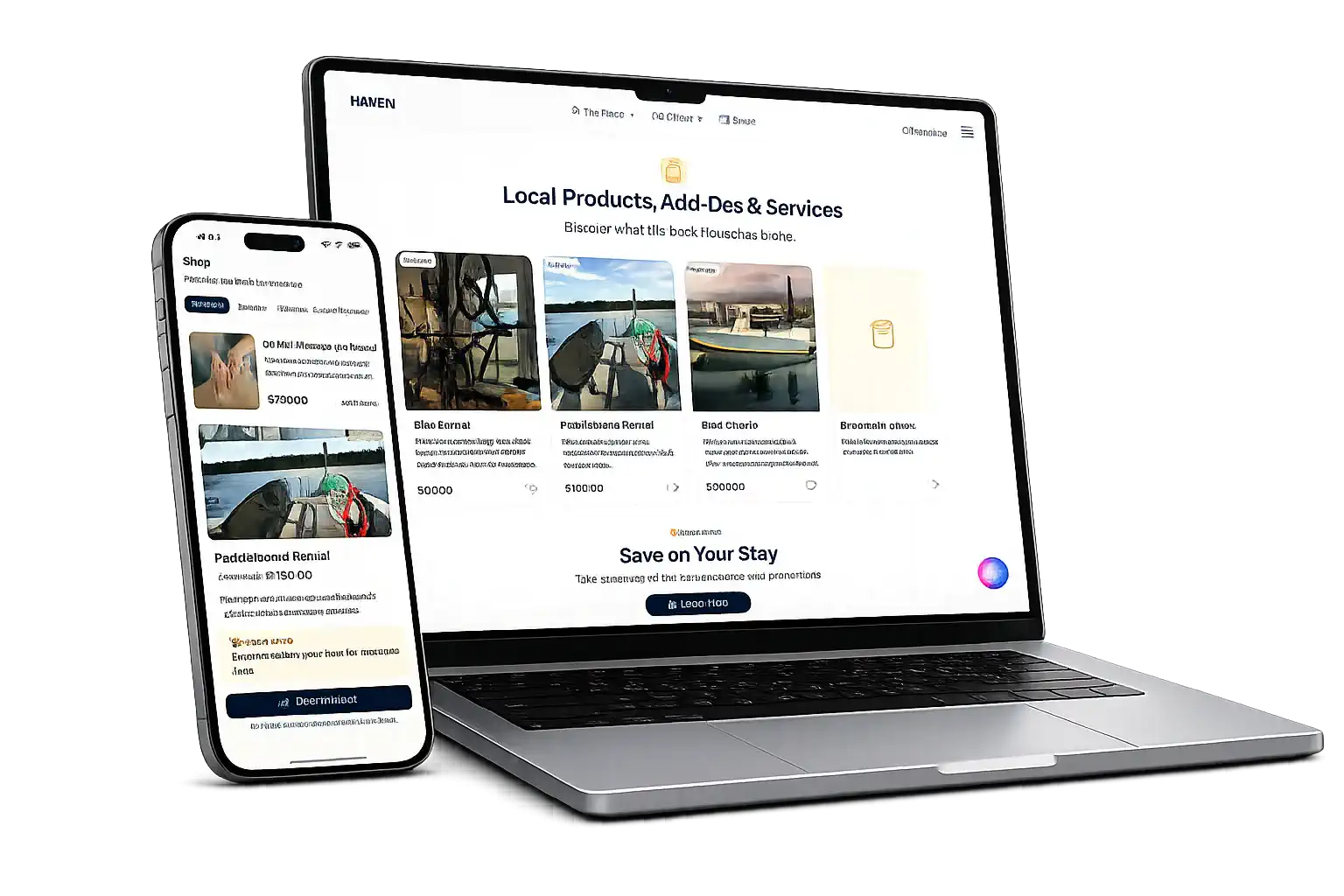 Haven booking site with local products on laptop and Guest Store shopping on mobile