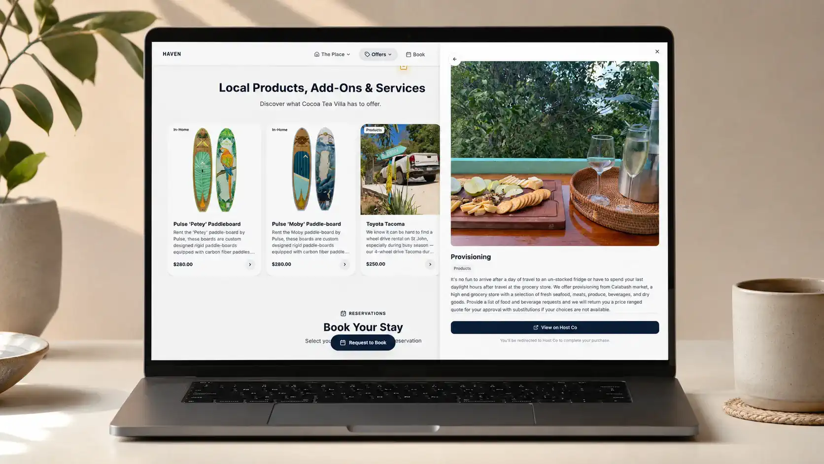 Haven booking page on a laptop showing a Host Co product detail drawer alongside the listing