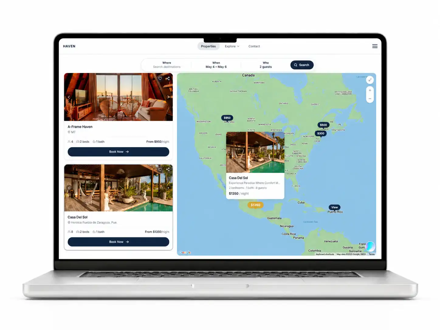 Branded Haven portfolio site on a laptop showing multiple properties with map search