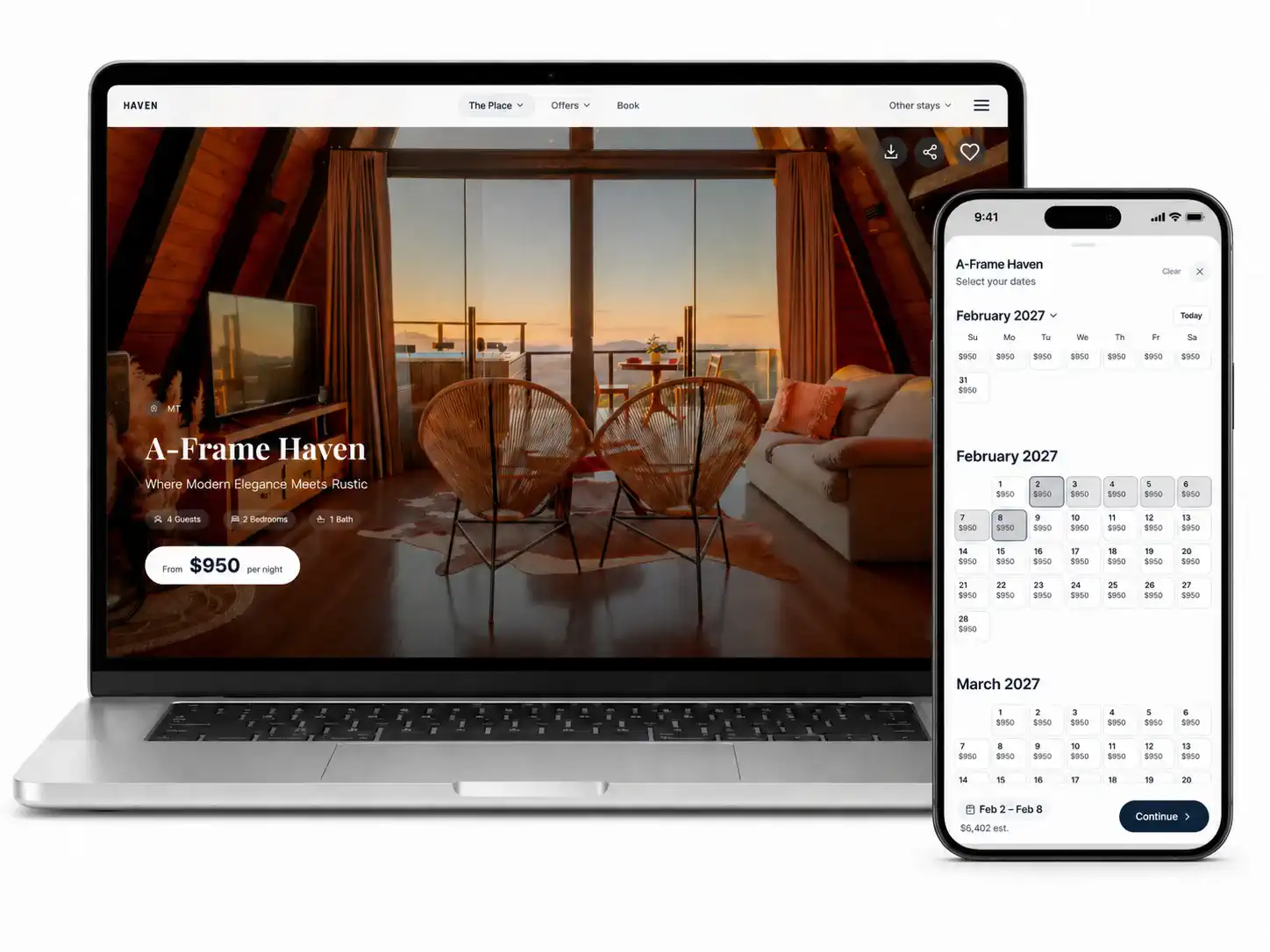 Individual Haven property booking page on a laptop with a mobile availability calendar alongside it