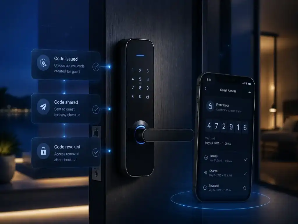 Smart lock on a door next to a phone showing guest access with a six-digit code and issued, shared, and revoked timeline.