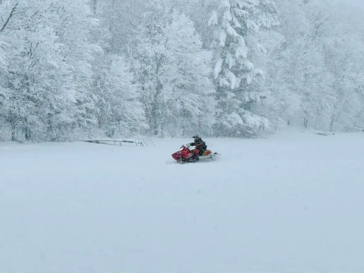Snowmobiler crossing a snow-covered frozen lake lined with frosted trees in Sawyer County, WI
