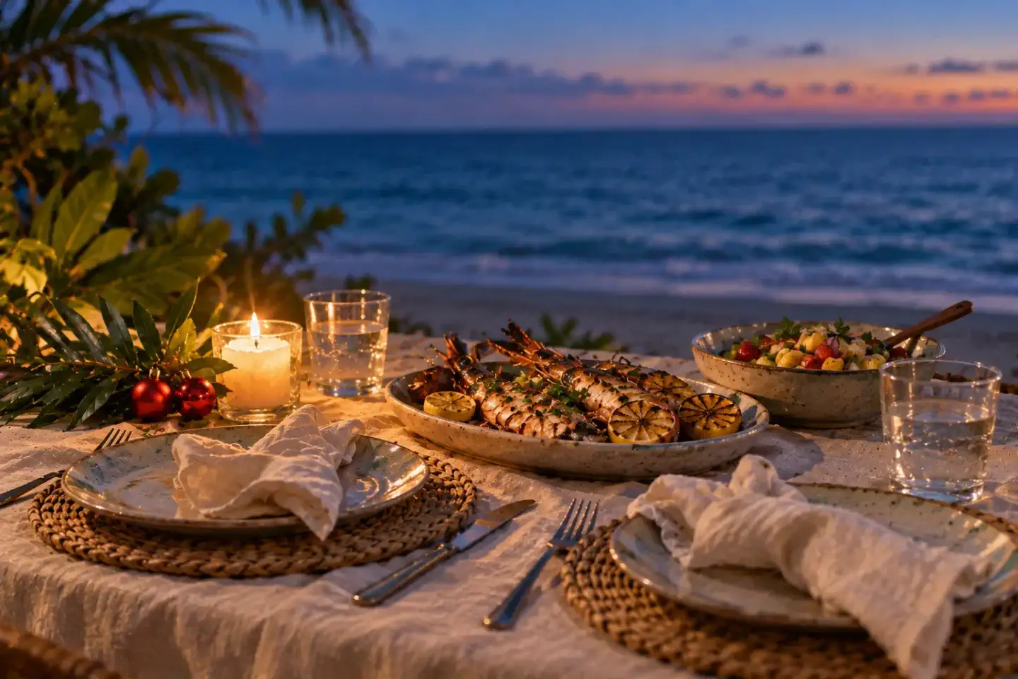 A simple Christmas dinner table with a candle and the Caribbean sea beyond