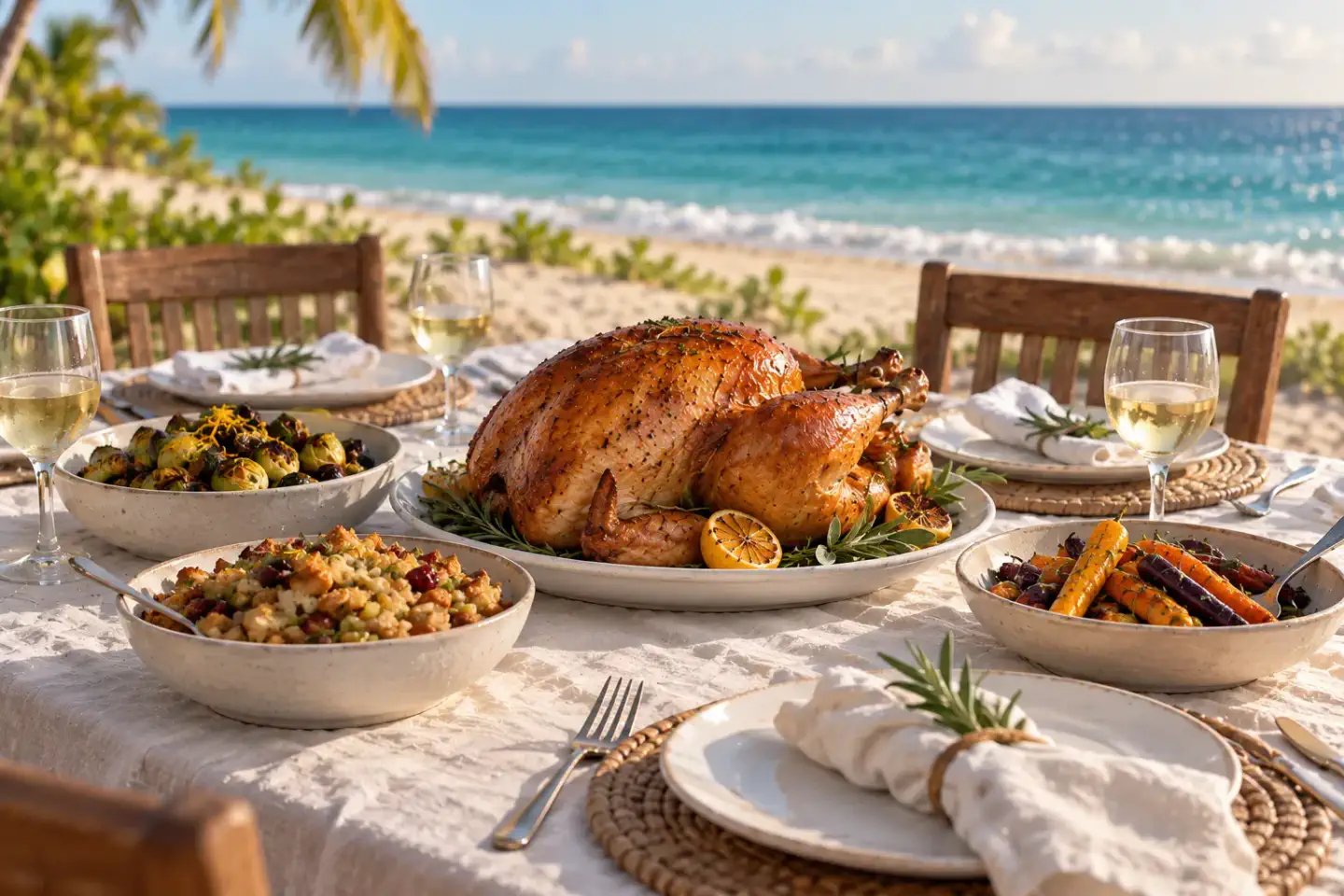 Thanksgiving dinner with roast turkey, vegetables, and simple place settings beside the Caribbean