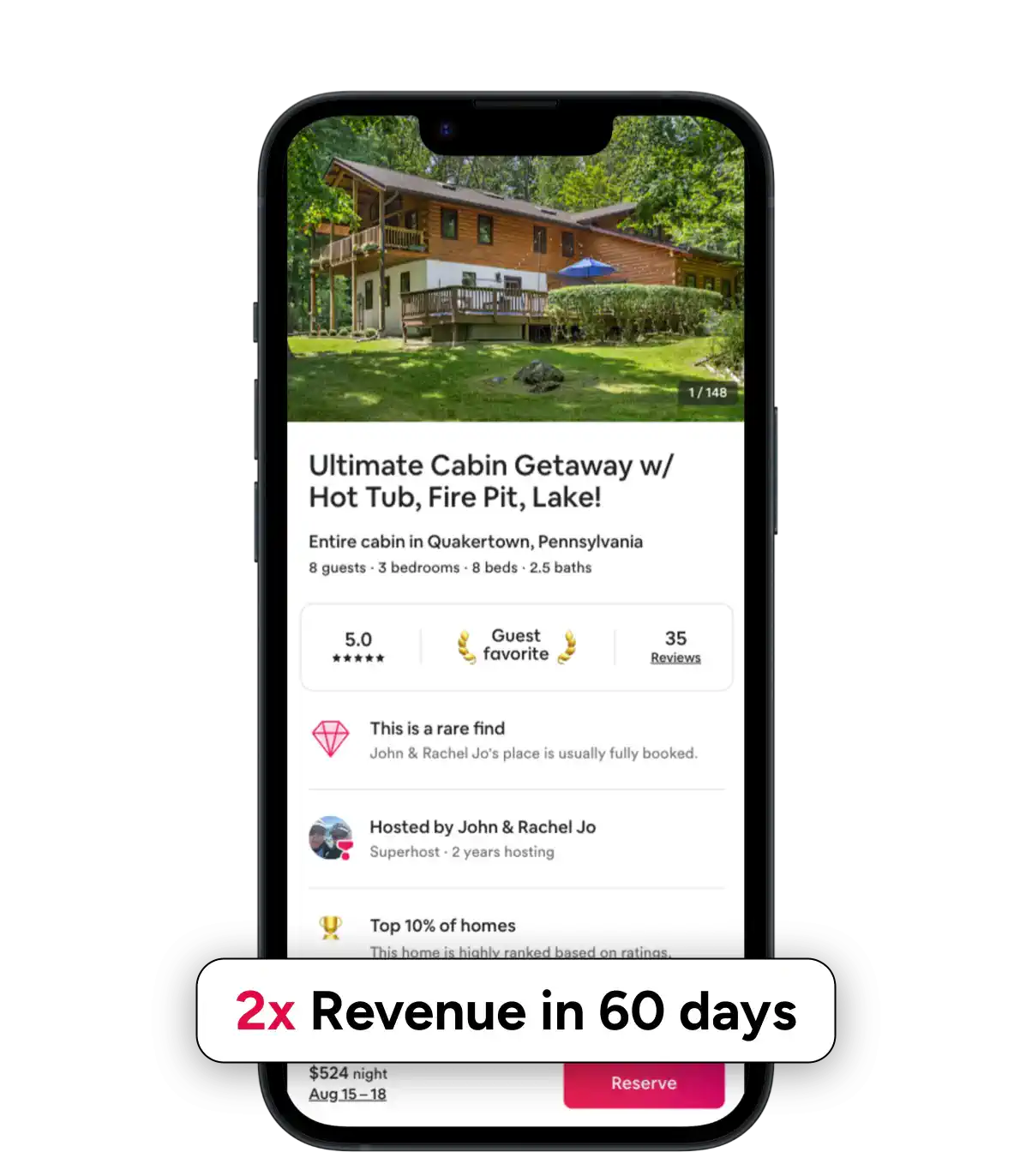 Outlier client listing for a Quakertown cabin that doubled revenue in 60 days