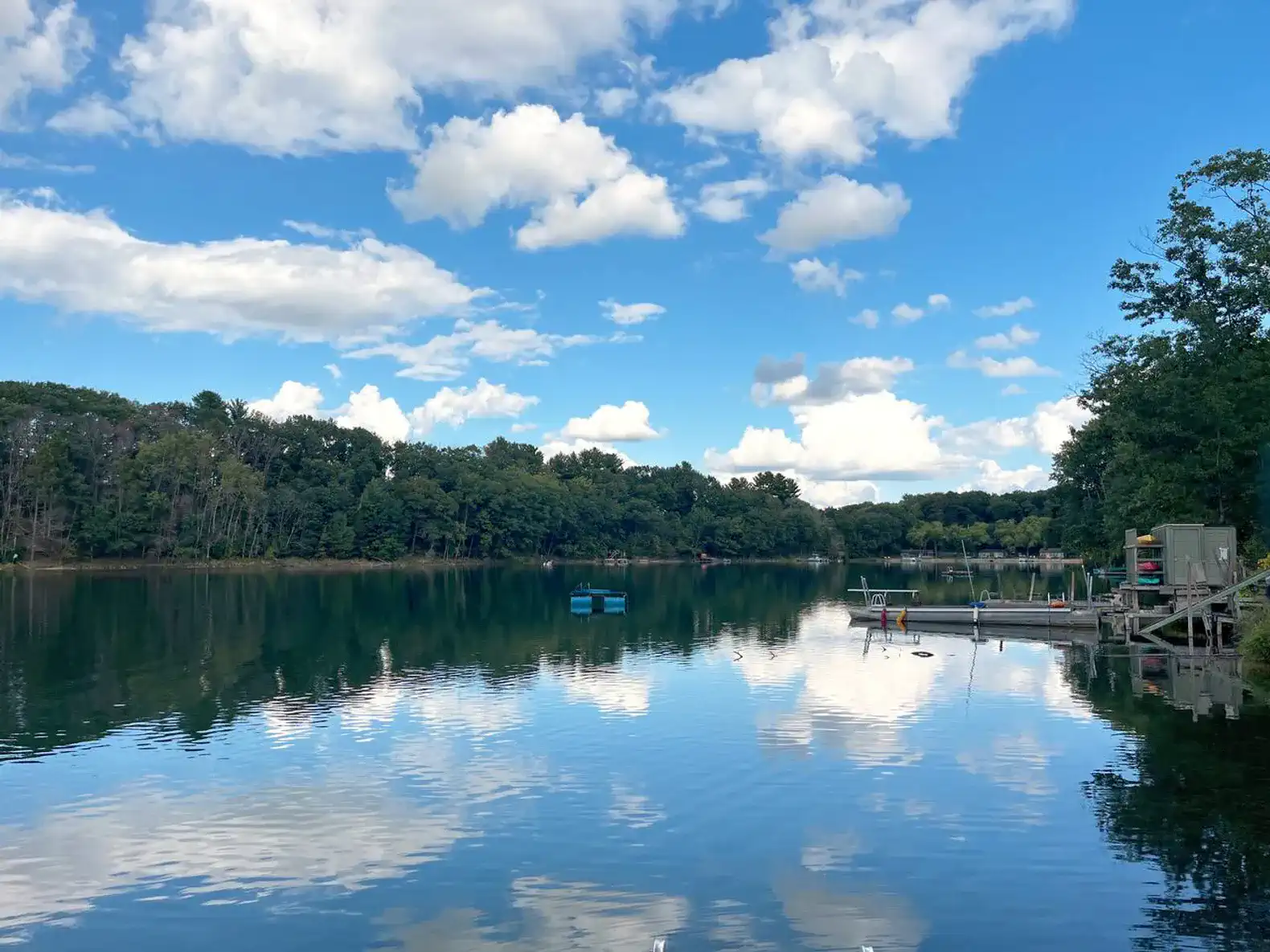 Scenic lake view with reflections of clouds and trees
