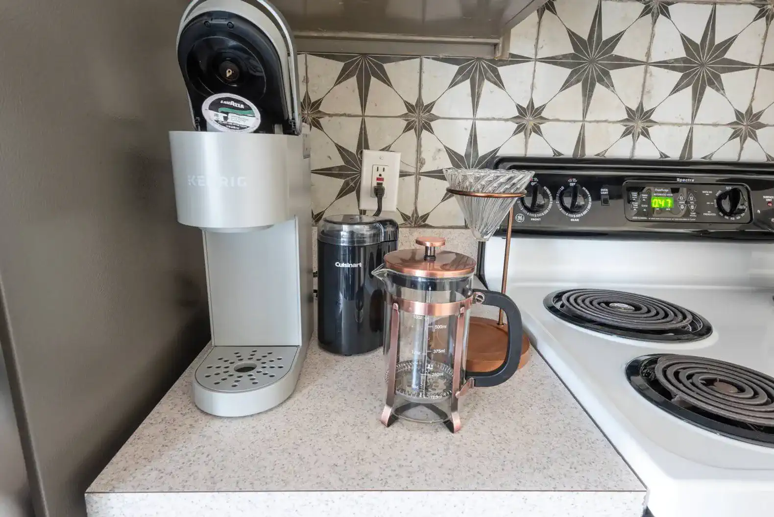 Kitchen Coffee Supplies | Keurig with cups + Coffee Grinder + French Press + Pour Over with supplies