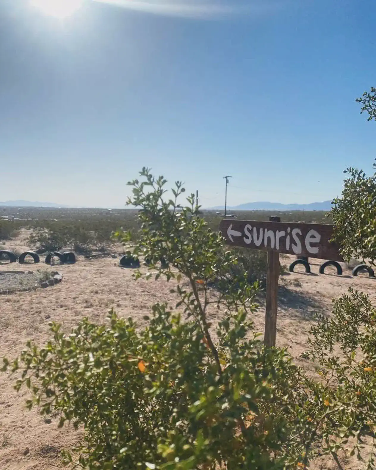 Sign pointing towards sunrise with desert landscape in the background