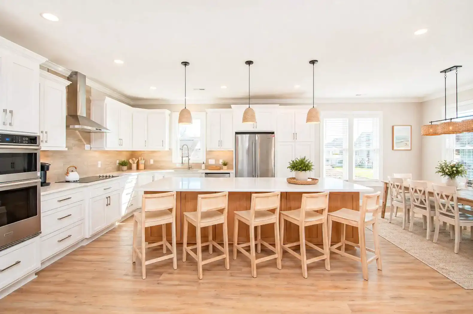 Spacious modern kitchen with large island and seating for eight
