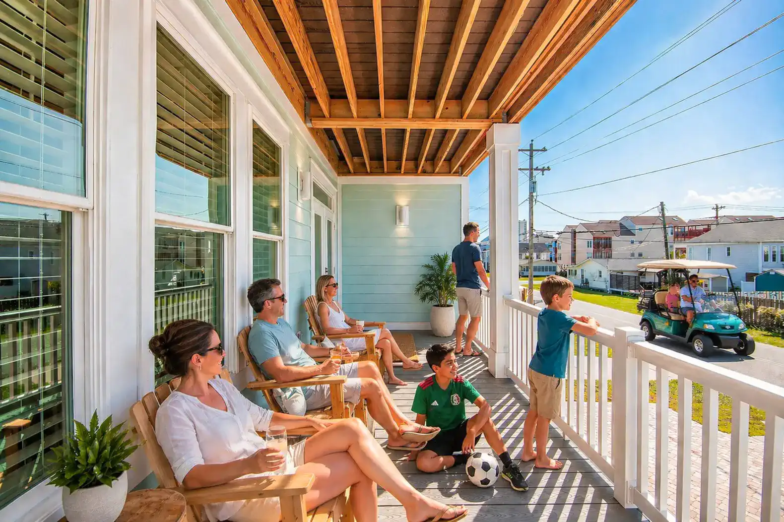 Spacious porch with guests relaxing and enjoying the view