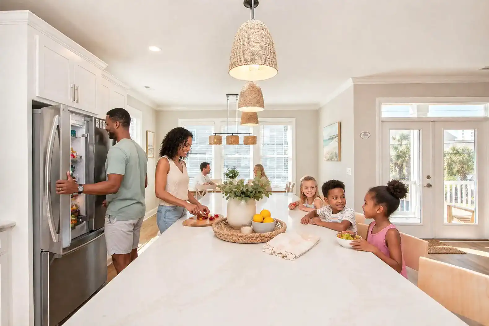 Bright kitchen with family preparing food and enjoying snacks at the island