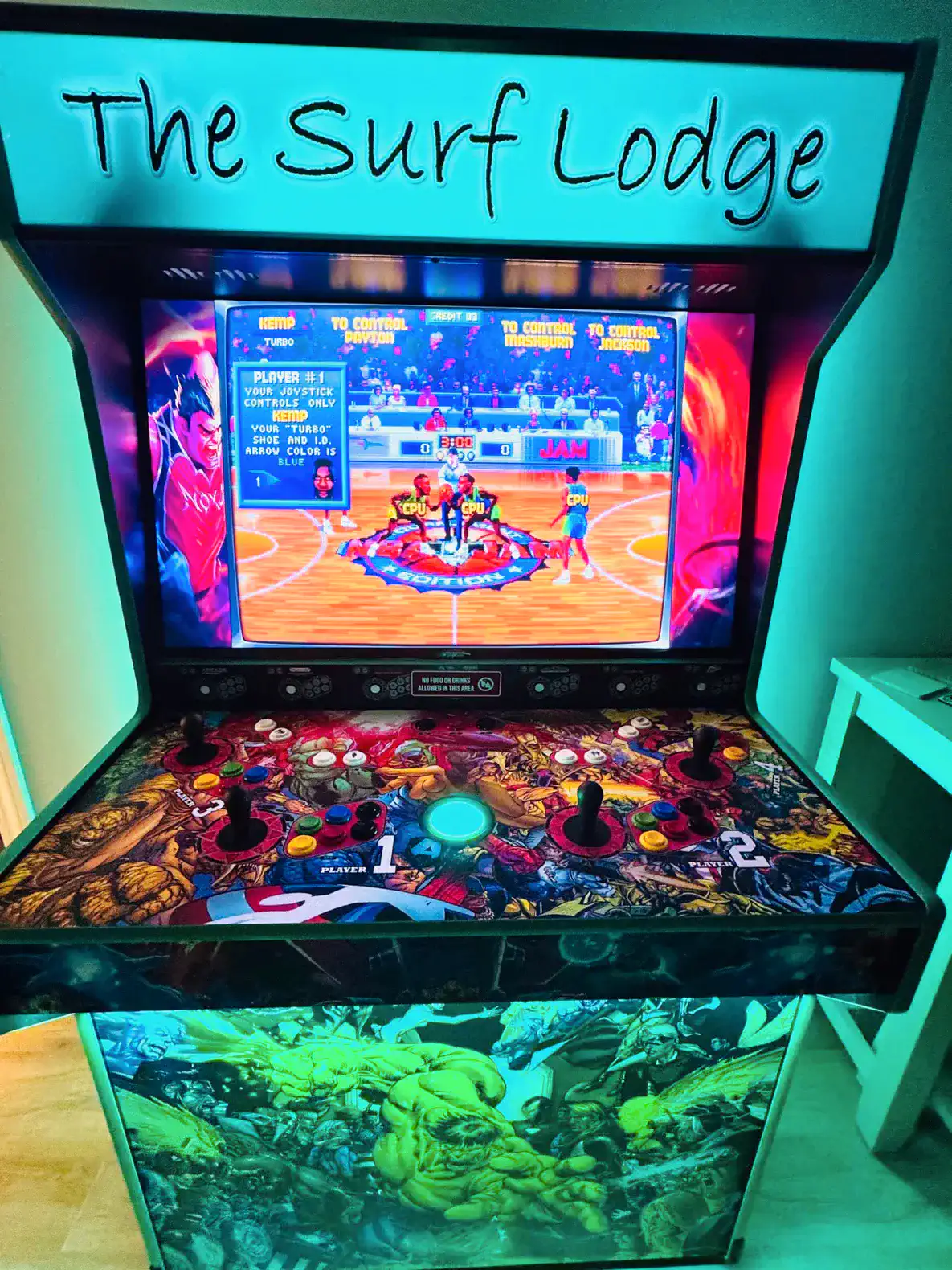 Colorful arcade game featuring a basketball theme and superhero graphics