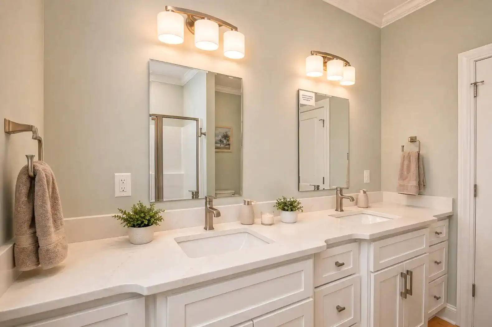Spacious bathroom with dual sinks, modern fixtures, and light green walls