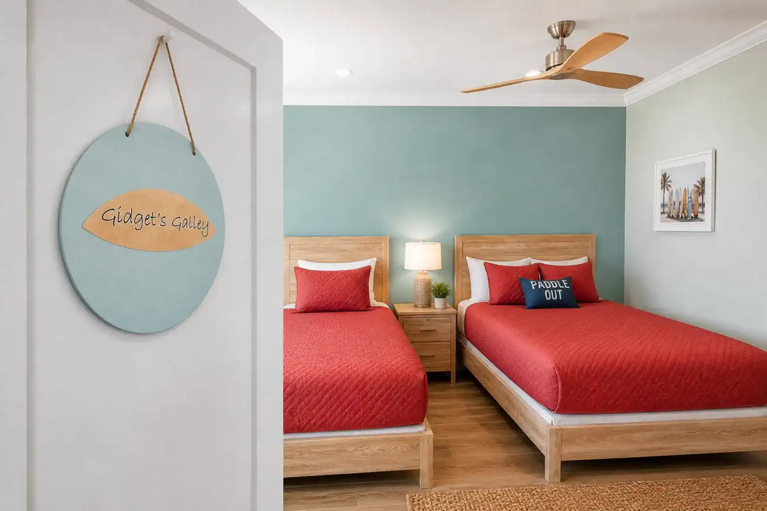 Gidget's Galley-named after Kathy "Gidget" Kohner who popularized the sport of surfing to mainstream America.  This bedroom has two Queen beds with an attached En Suite bathroom.  This bedroom is located on the upper level.  