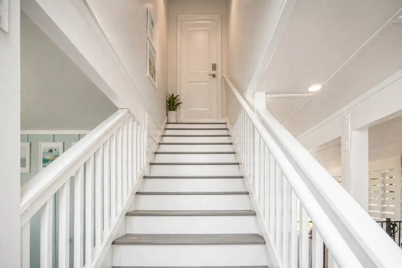 Bright staircase leading to a closed door with a small plant at the top
