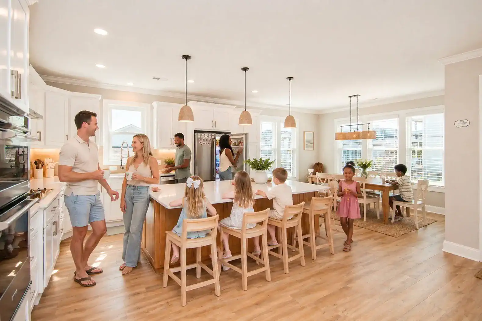 Spacious kitchen with large island and seating, bright windows, and modern appliances