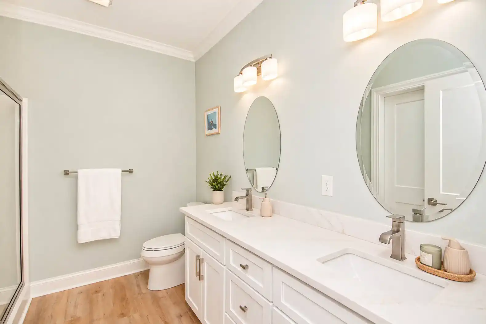 Eddie's En Suite Bathroom with large double vanity.  Stand up shower with bench
