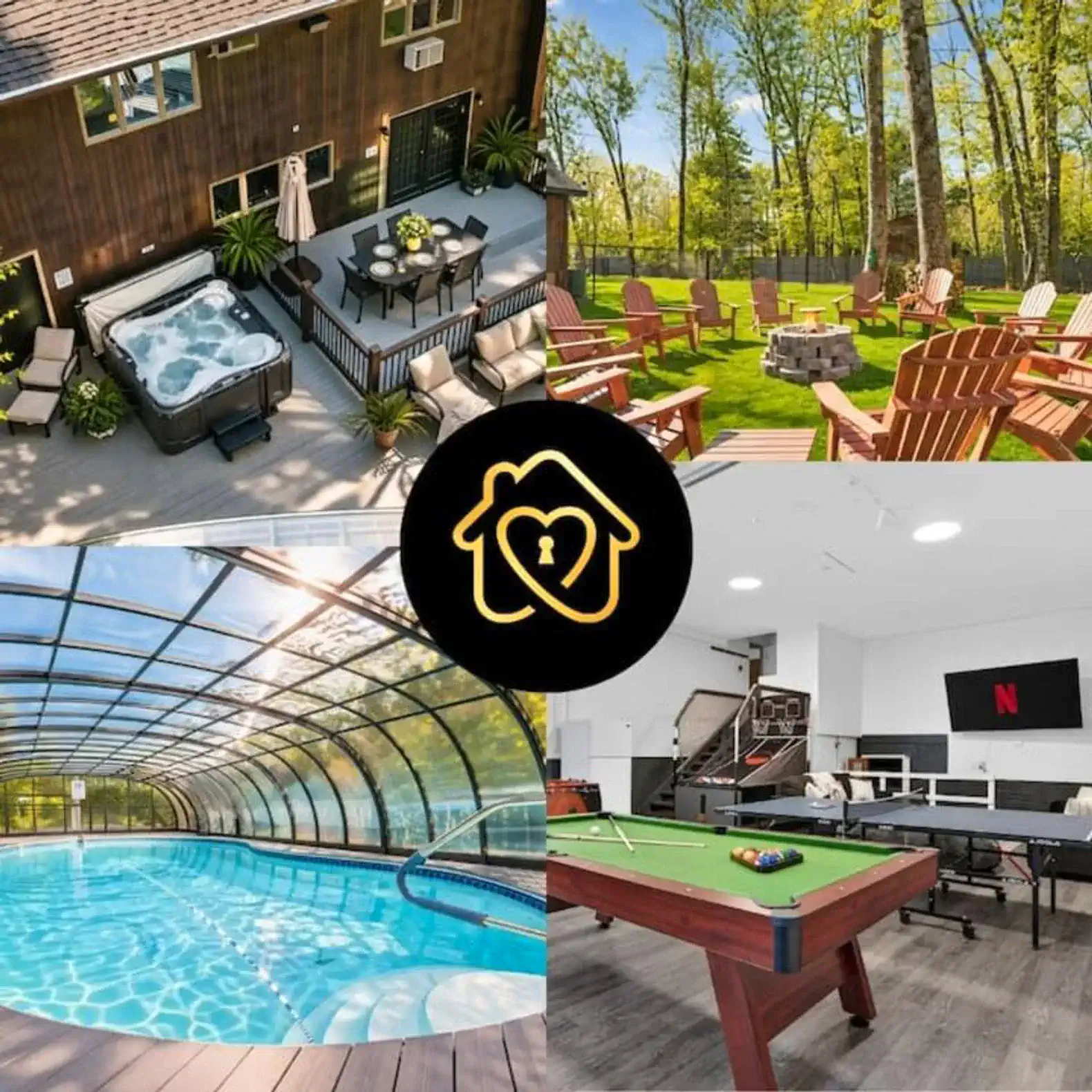 Outdoor area with seating, fire pit, and hot tub surrounded by trees