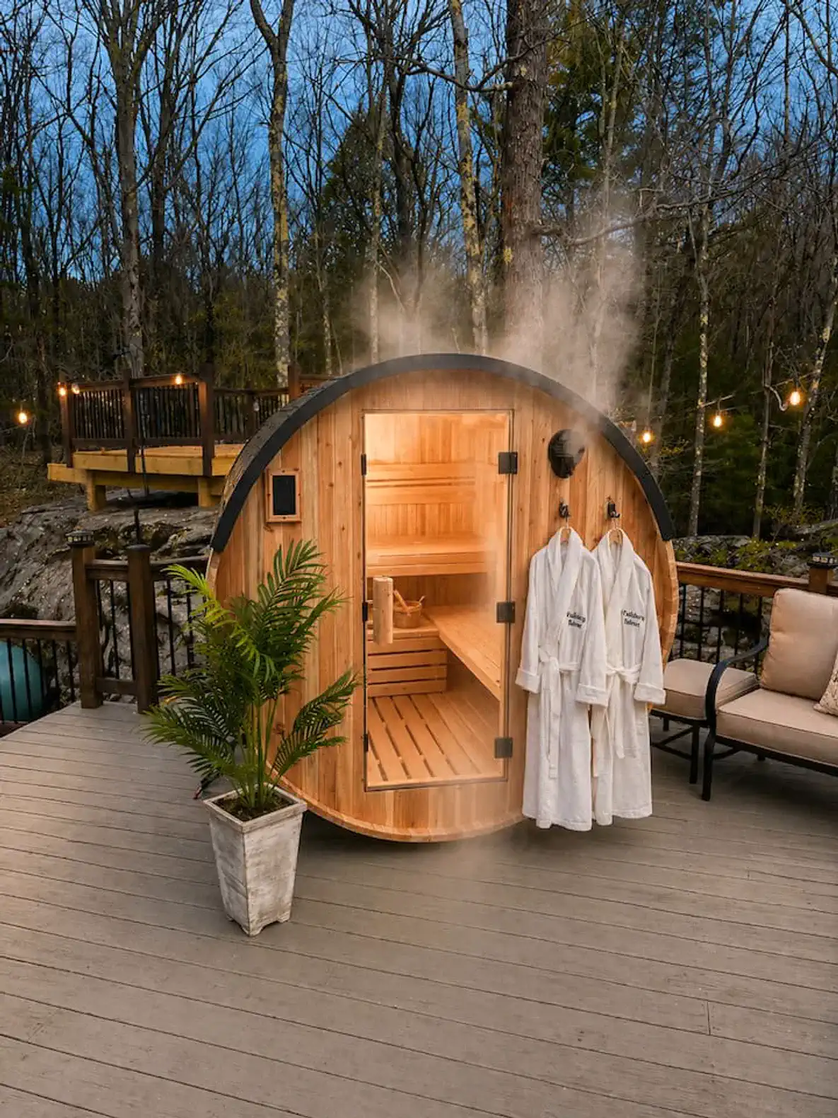 Wooden sauna with steam, robes hanging outside, surrounded by trees and outdoor seating