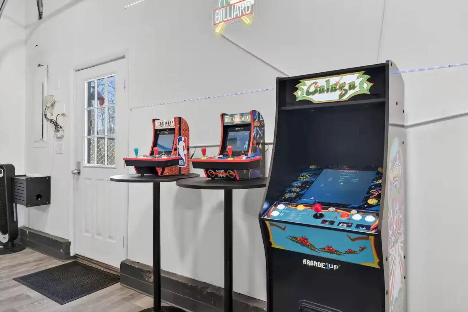 Retro game room with Galaga, NBA Jam, and Mortal Kombat—endless fun