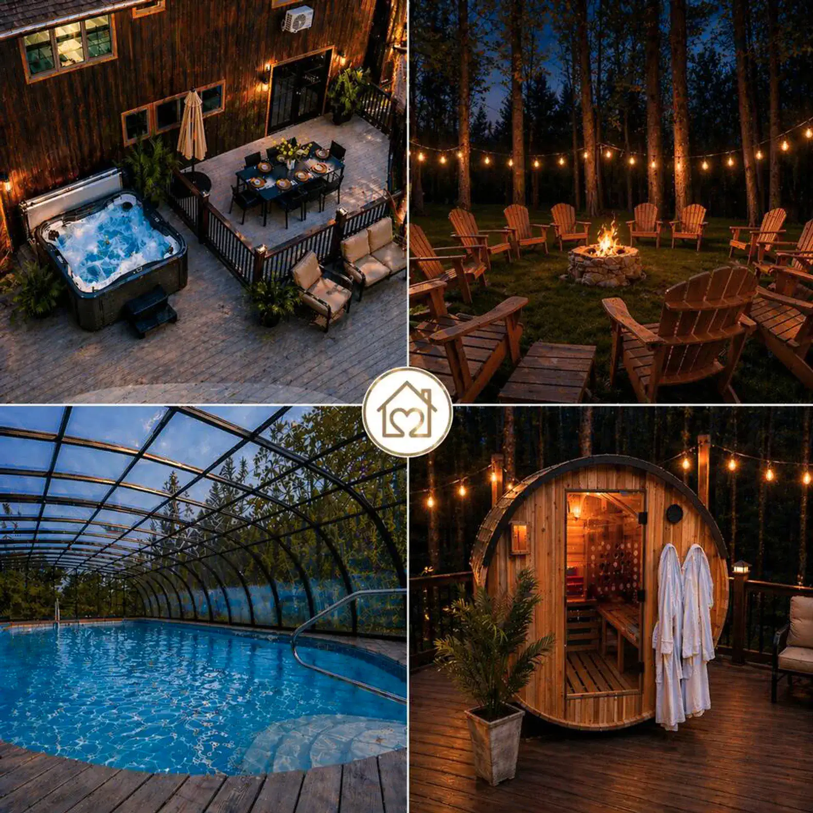 Outdoor hot tub and fire pit area with seating under string lights