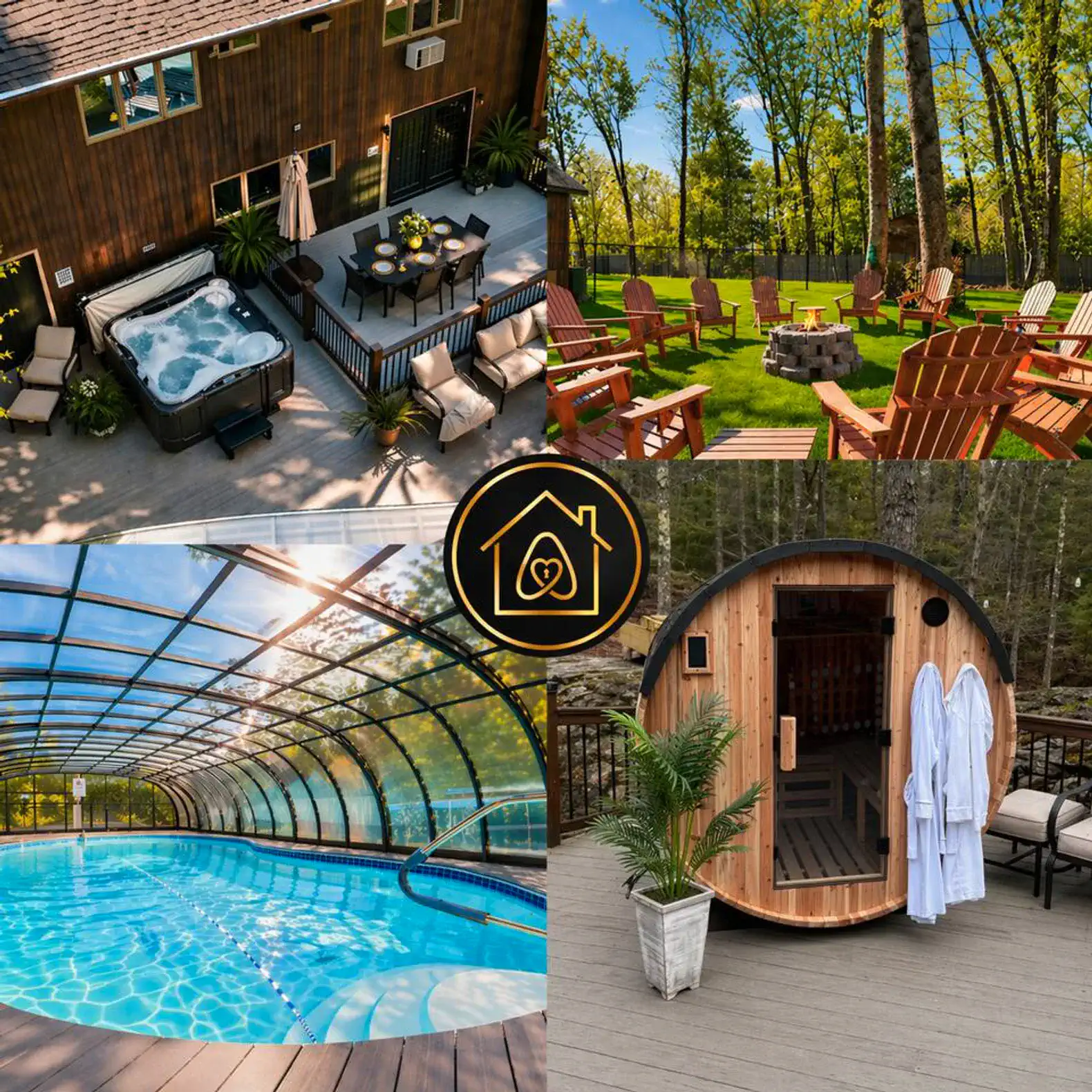 Outdoor seating area with fire pit and hot tub surrounded by trees
